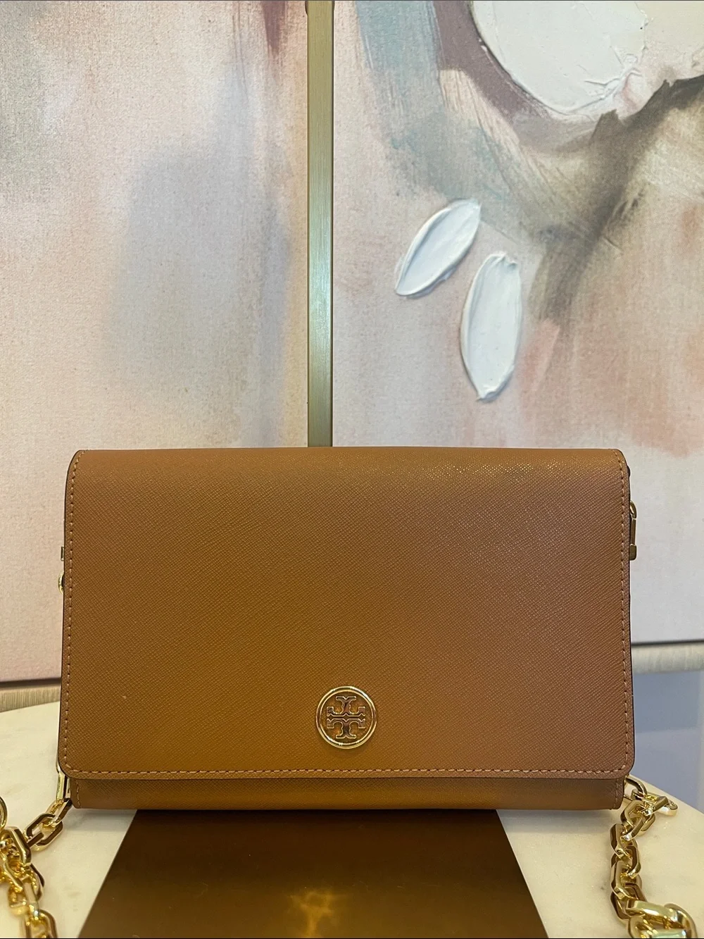 NWOT Tory Burch Tan Clemente Saffiano Leather Crossbody with Gold Logo
